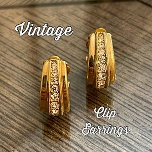 Vintage Gold-tone Huggie Hoops with Rhinestones Clip Earrings